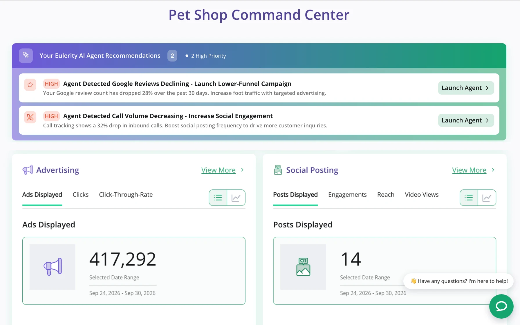 The Eulerity Command Center dashboard on a laptop, with AI agent recommendations